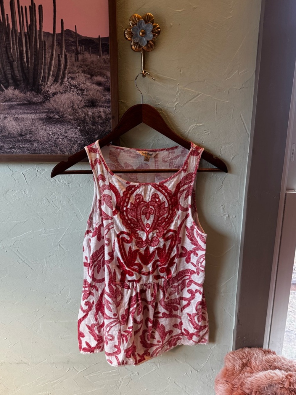 Lucky Brand Red and White BOHO Embroidered Tank Top XS